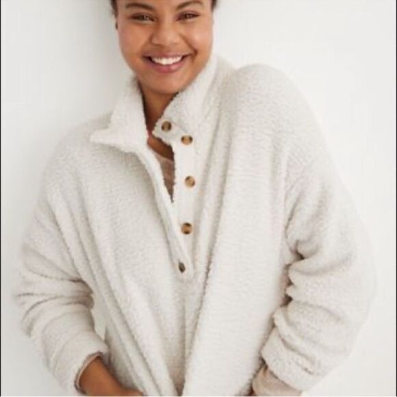 Aerie Sherpa half button sweater with pockets women's size large oversized fit - Picture 2 of 15